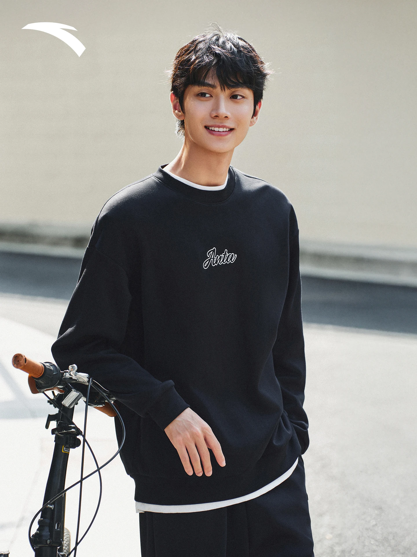 ANTA 캐주얼 니트 후드티 남녀 공용 가을 신상 블랙 라운드넥 후드티 긴팔 커플 스포츠 탑