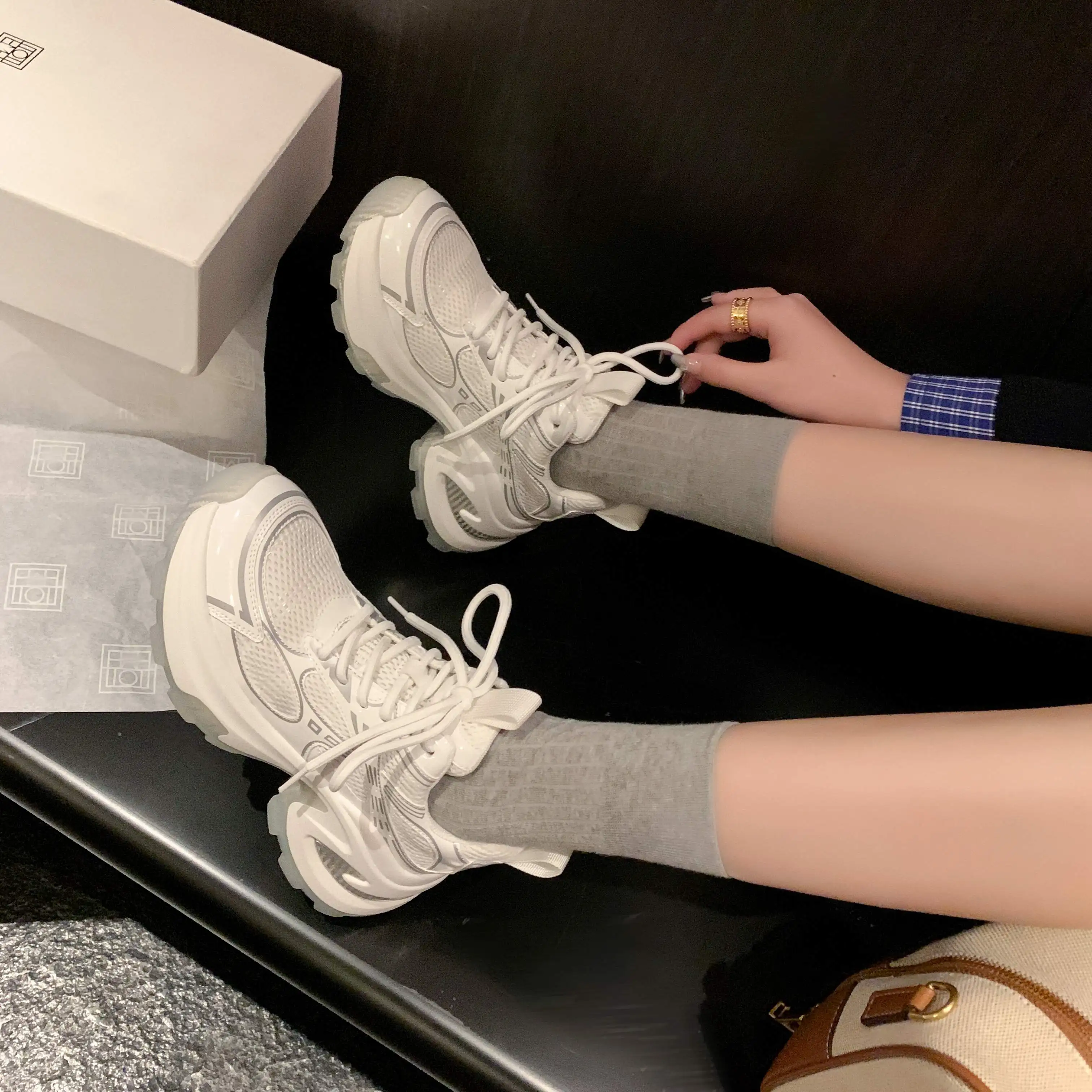 Krazing 냄비 메쉬 하이힐 레이스업 용수철 가을 신발, 화이트 스니커즈, 플랫폼 캐주얼 스포츠, 증가 여성 가황 신발