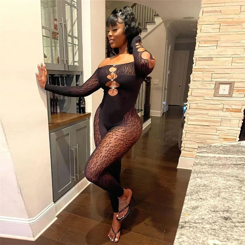 Summer Black Mesh Skinny Jumpsuit Women Sexy Hollow Out See Through Jumpsuit Overalls Fashion Diamond Club Party Tight Jumpsuits
