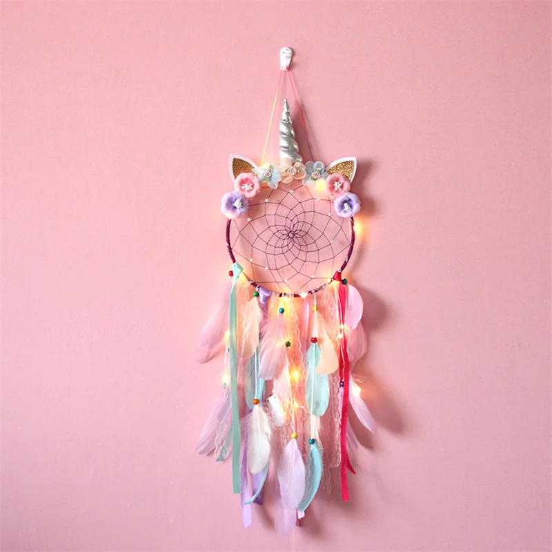 Pink LED Light Unicorn Dream Catcher Ornament For Girls Boho Room Decor Bedroom Unicorn Macrame Dreamcatcher Hanging Pendant 2