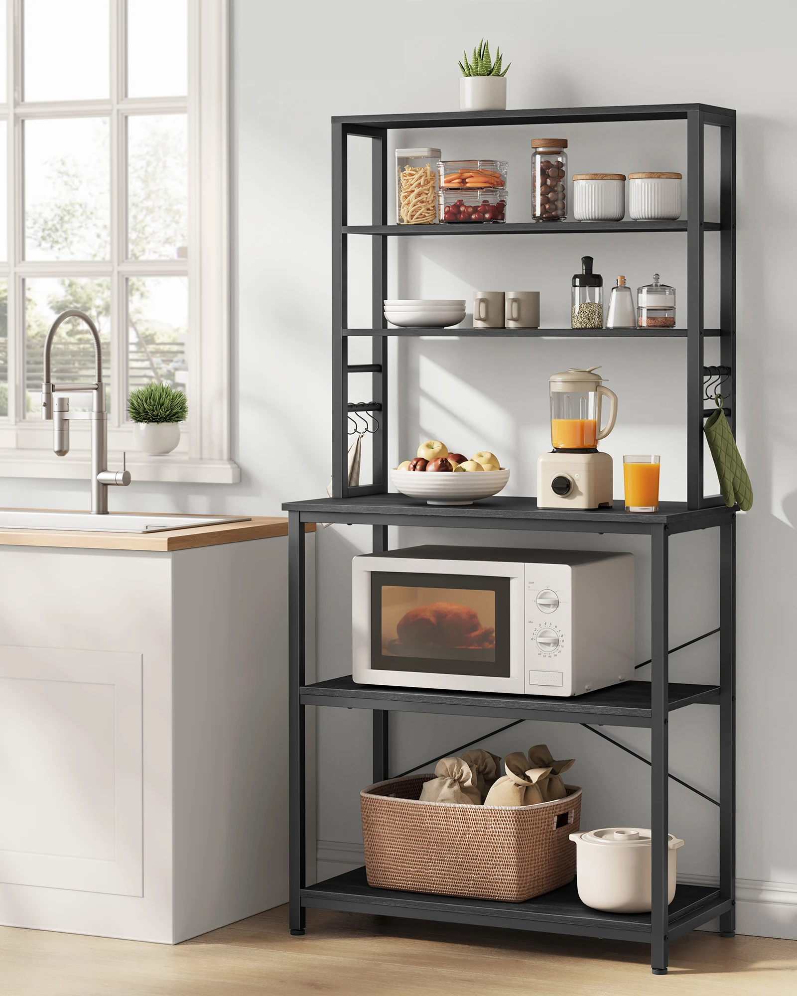 VASAGLE Kitchen Storage Rack, Coffee Bar, Baker’s Rack, Total 6 Shelves and 6 Hooks, for Microwave, Steel Frame, Industrial