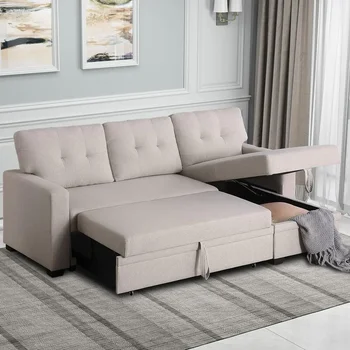 L-Shaped Chaise Couch with Storage & Pull-Out Bed – Multifunctional Sectional Sleeper Sofa (Beige) 1