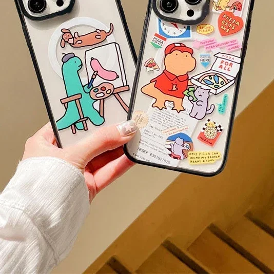 

Cartoon Dinosaur Sticker MagSafe Wireless Charging Phone Case Cover for IPhone 11 12 13 14 15 Pro Max Case for IPhone 15 Pro Max