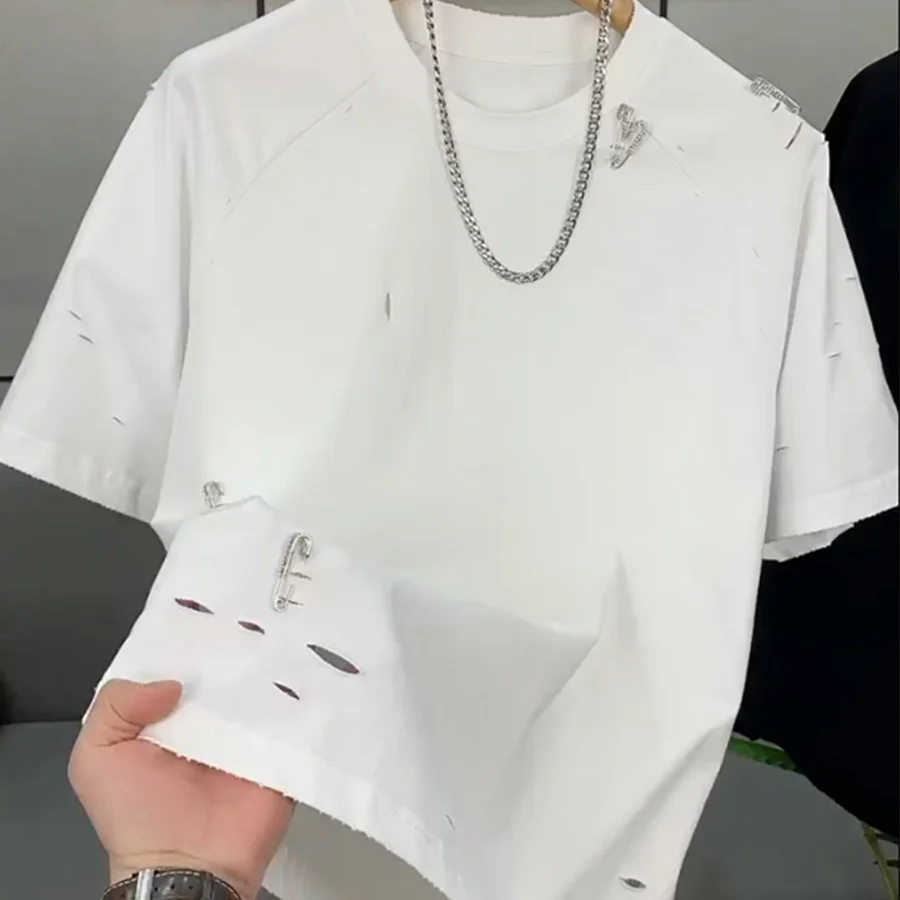 

2024 Summer Short sleeved T-shirt for handsome men with holes, bright diamond pins, cotton half sleeves,