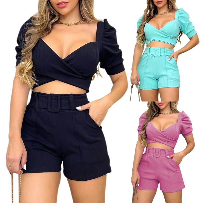 

V-neck Sexy Wearing Clothing Same Color Belt Solid Color Shirts Set