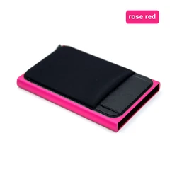 Slim Aluminum RFID Card Holder with Elastic Back Pouch (Rose Red)