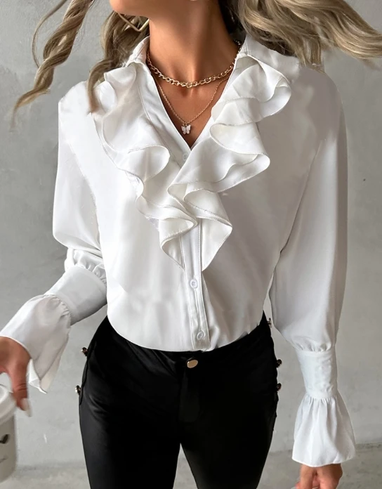Summer New Fashion Ruffle Edge Long Sleeved V-Neck Solid Color Women's Shirt Casual Elegant Shirt Women's
