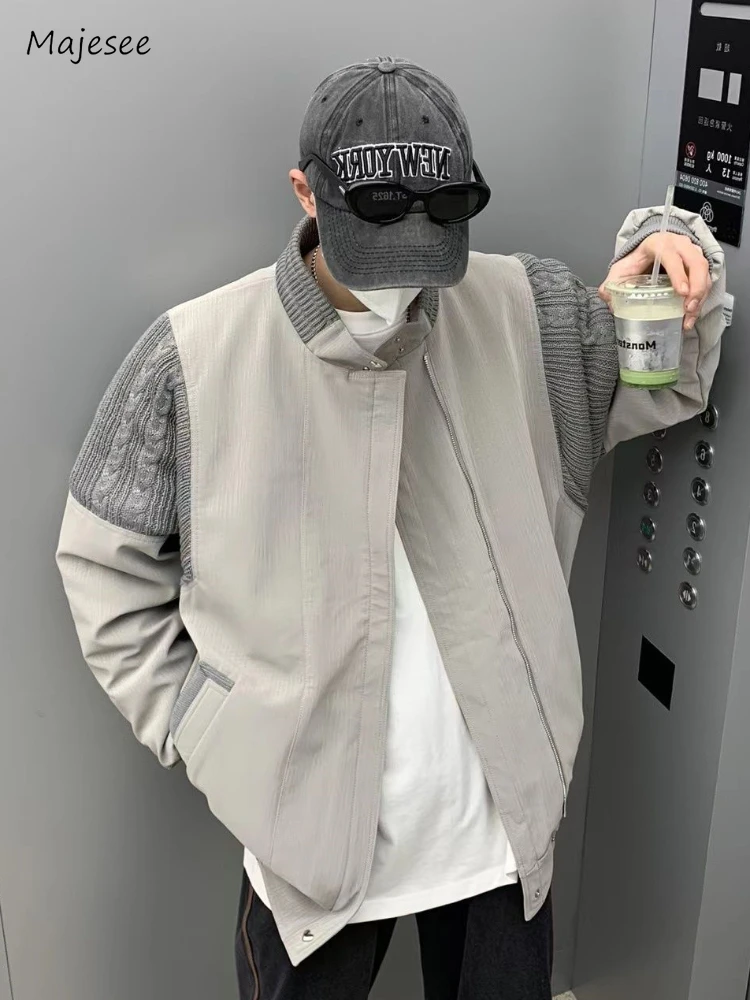 

Mens Jacket Handsome Fashion Streetwear Spring Autumn Stand Collar Patchwork Rib Sleeve American Style Male Outerwear All-match