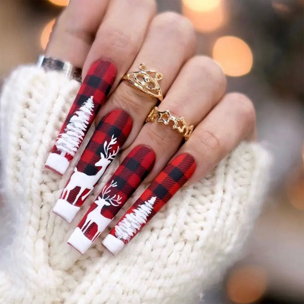 

Christmas Nail Patch Long Style Red Series Wearable Nail Removable Year Autumn/Winter New Finished Self-service False Manic A3D2