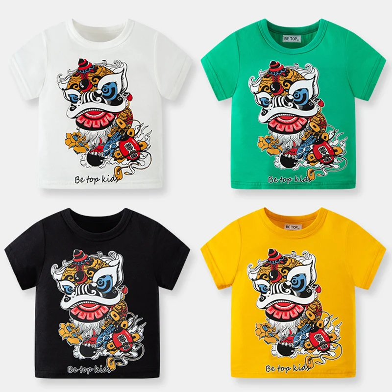 

Baby T-shirt 12M-7Y Children's Summer Short-sleeved Chinese Style Lion Dance Pattern Boy Cotton Top