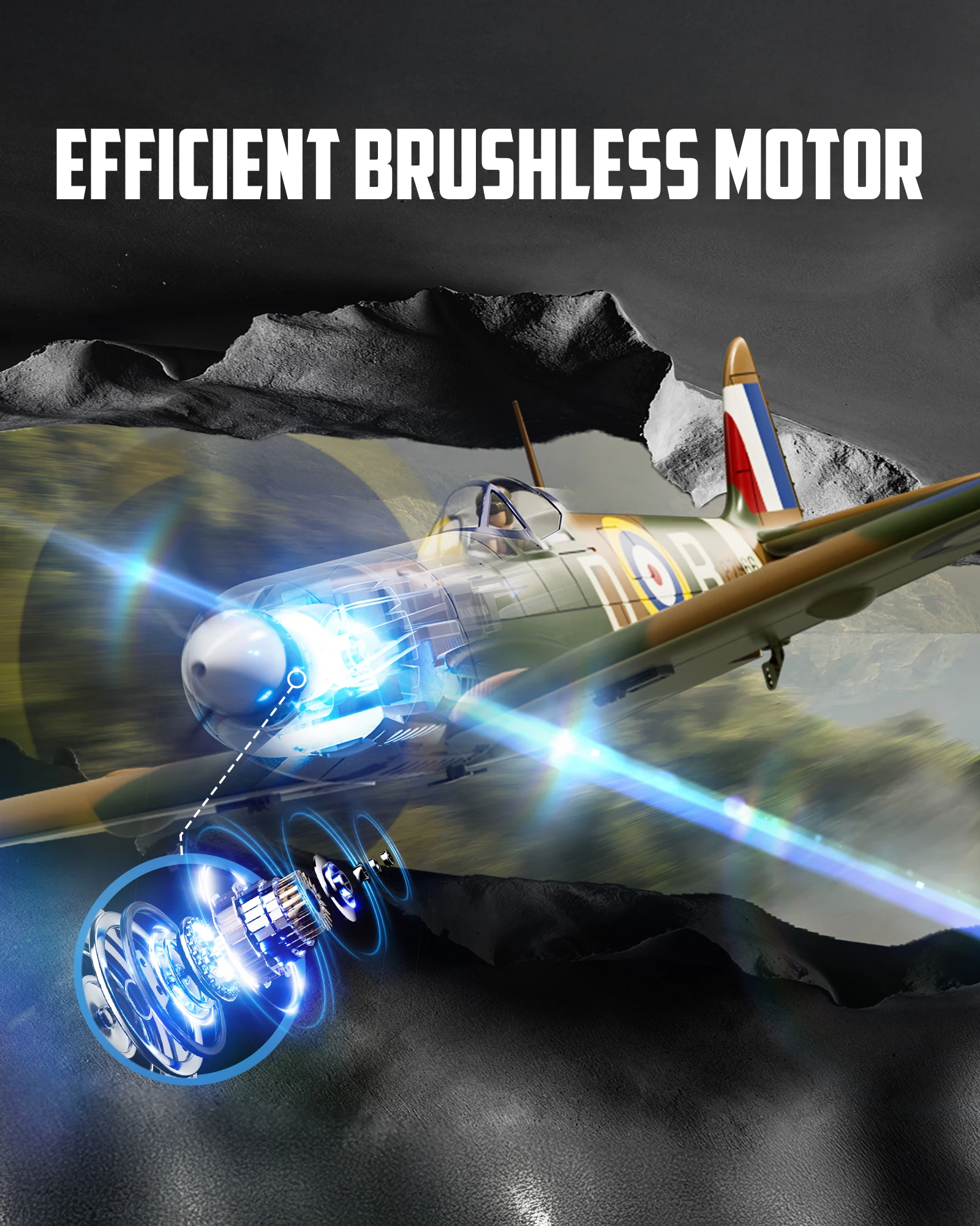 Avion RC Spitfire en vol, planeur télécommandé 2.4GHz avec train d'atterrissage rétracté
