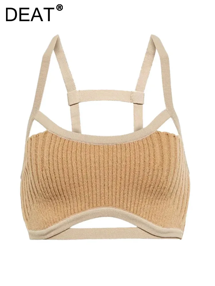 

DEAT Fashion Women's Knitted Camisole Vest Interior Layering Pullover Solid Color Shoulder Strap Vests Spring 2024 New 7AB3507