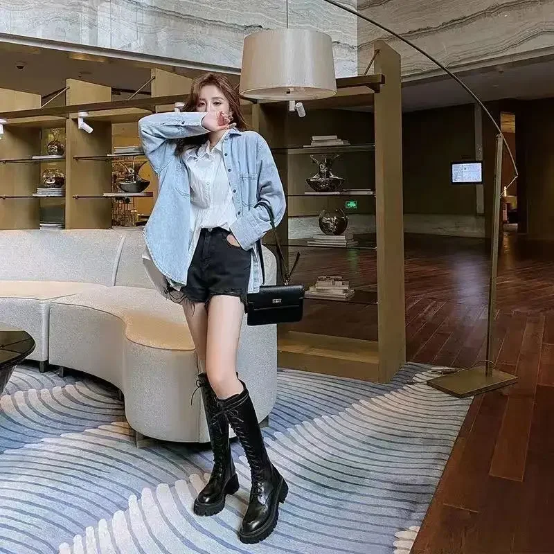 女性用ニーハイレザーブーツ,プラットフォーム,ロング,レース