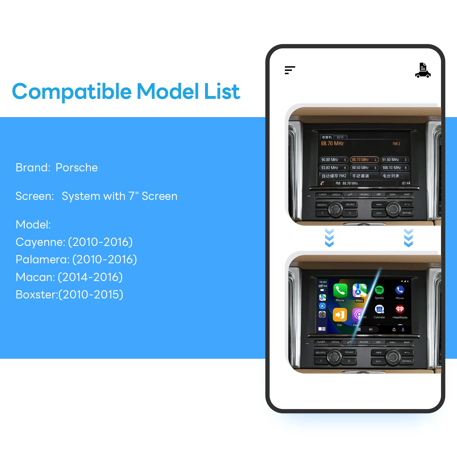 2026 무선 CarPlay & 안드로이드 오토 스마트 멀티미디어 비디오 인터페이스 (CDR31 7인치 스크린 카이엔 파나메라 마칸 박스터용)