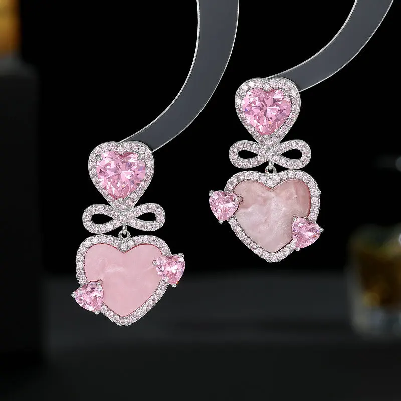 

Pink Love Heart Earrings S925 Silver Needle Statement Bowknot Stud Earings Korean Temperament Brand Jewelry With CZ Stone