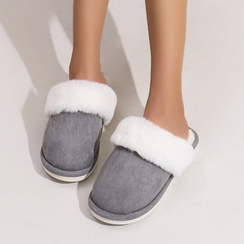 Lucyever Pink Faux Suede Faux Fur Slippers Women Home Warm Non Slip Slides Woman Causal Flat Heels Plush Slipper Shoes Female 5