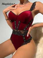 Magdalyn Women Velour Lace Bodysuits Fashion Casual Skinny Velvet Combination Rompers Chic Sexy Strappy Floral Bodycon Catsuits - Image 3