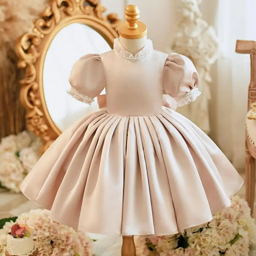 

New Children's Princess Ball Gown Bow Pearls Puff Sleeve Design Wedding Birthday Baptism Eid Party Girls Dresses A3398