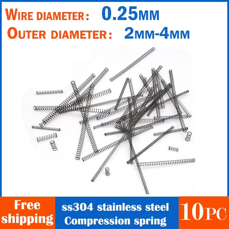 10pc 304 Stainless Steel Compression Spring Wire Diameter 0.25mm Return spring Outer diameter2-4mm Length 5mm-50mm