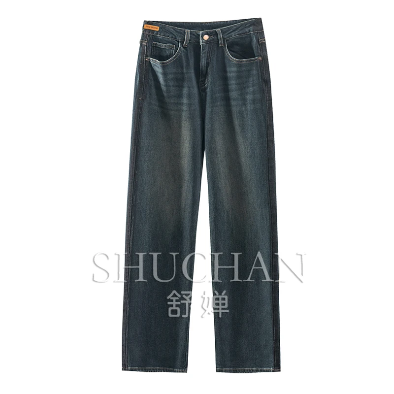 

Shuchan Pantalones COTTON Polyester Spandex Full Length HIGH Do Old Wide Leg Pants High Waist Jeans Women