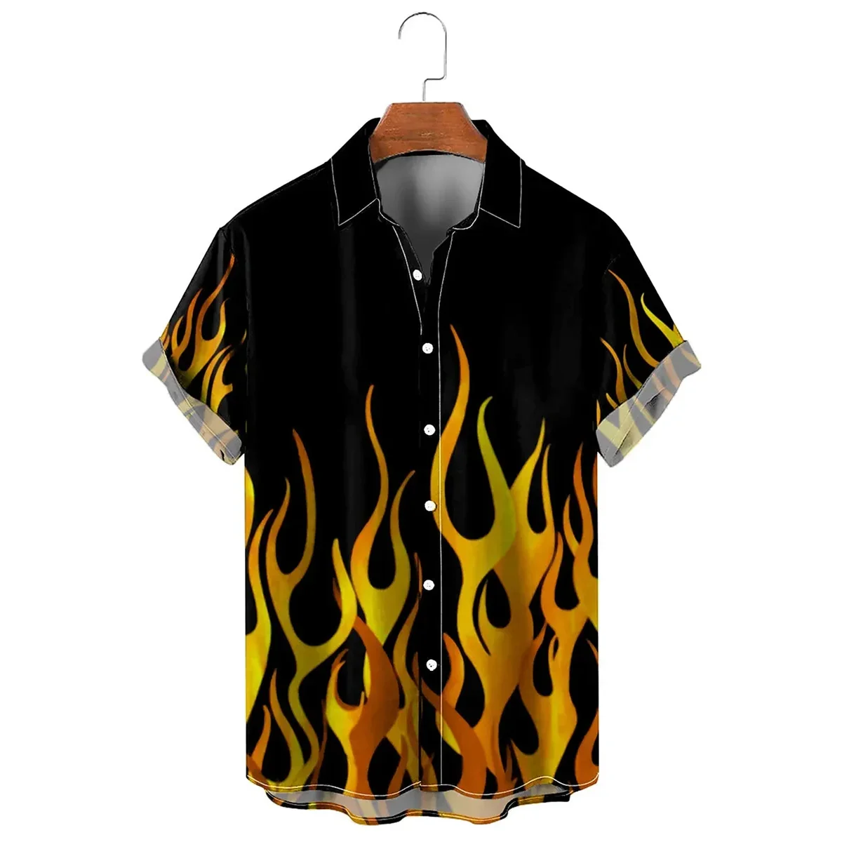 Men's shirt summer flame high-definition pattern 3D printing lapel button up shirt tiki series Hawaiian short sleeved shirt 3