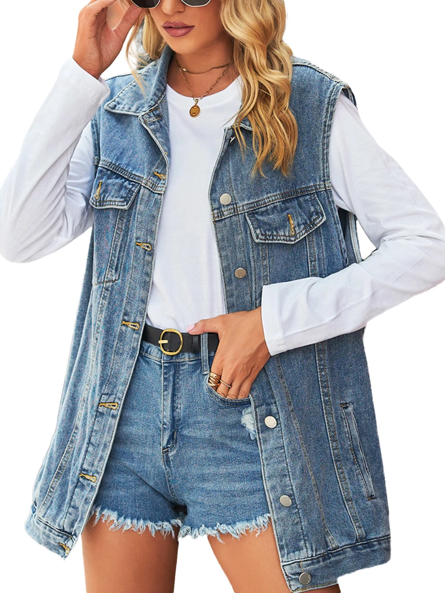 Women Summer Denim Waistcoat Solid Sleeveless Turn Down Collar Button Closure Jean Cardigan Mid