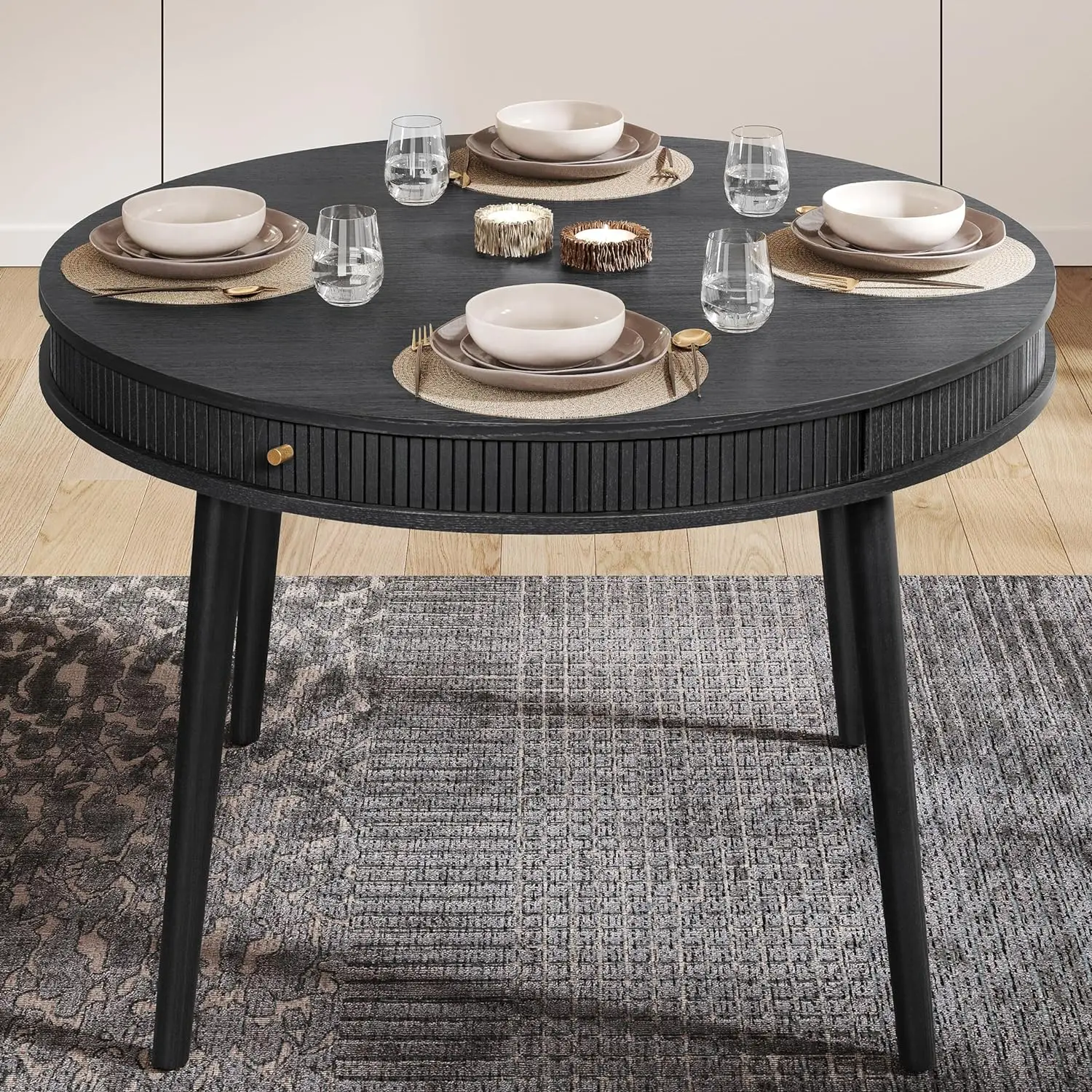 

WERMO 47'' Black Round Dining Table for 4 People - Pre Assembled Black Round Kitchen Table with 2 Hidden Storages. (Black Oak)