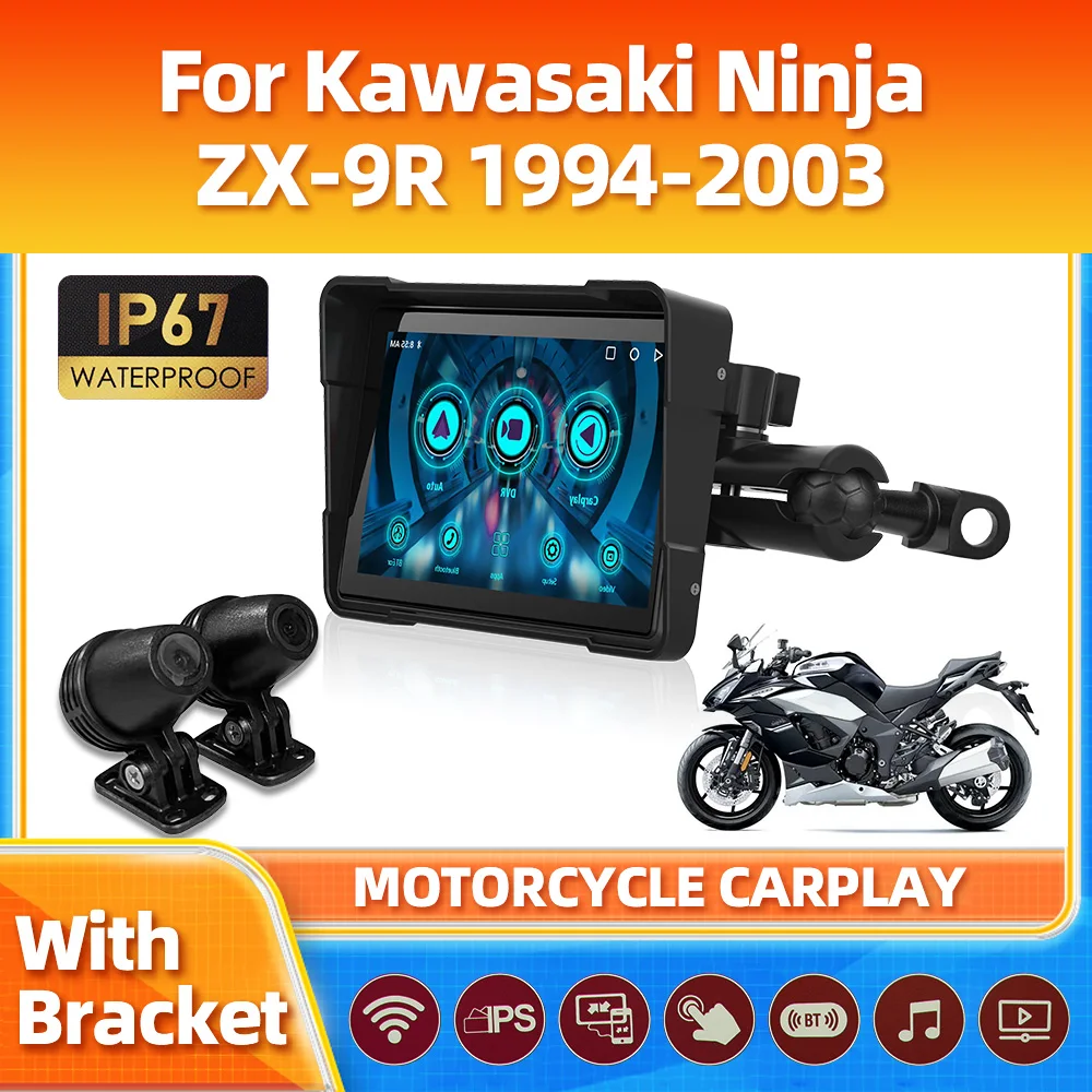 

Motorcycle GPS Navigation 5 Inch IP67 Waterproof Moto CarPlay Android Auto Dual Bluetooth For Kawasaki Ninja ZX-9R 1994-2003