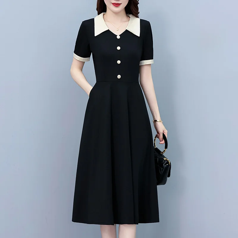 

Black Dresses For Women Summer Female Doll Collar Short Sleeve Large Size Elegant Polyester Mid-length Office Elegant Vestidos