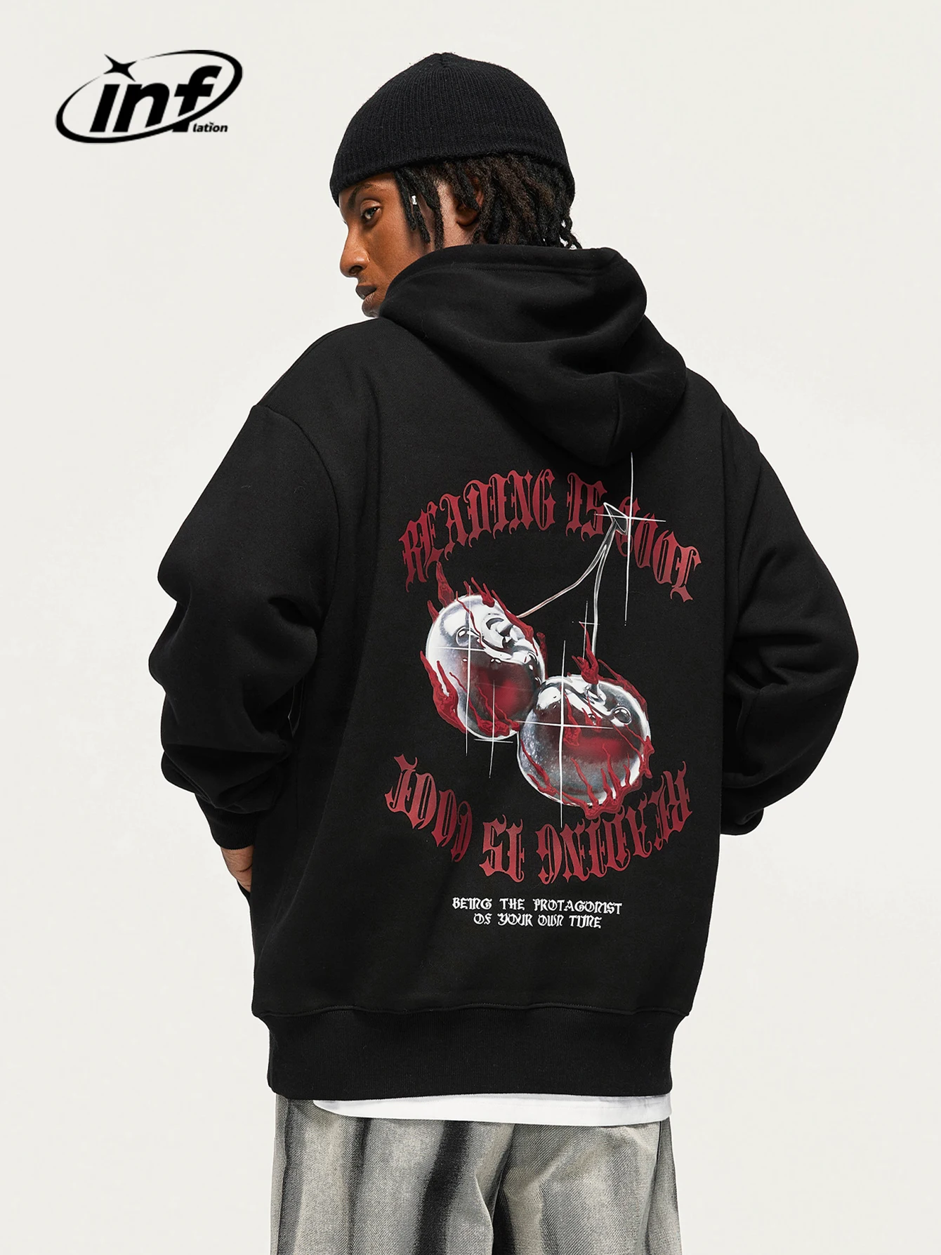 

INFLATION Graphic Printed Hoodies Mens Black Thick Warm Fleece Hooded Sweatshirts Unisex Winter Velvet Hoodie