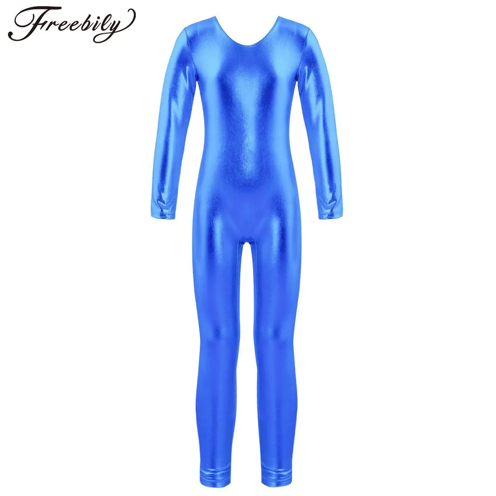 

Kids Girls Shiny Metallic Full Bodysuit Dancewear Boys Long Sleeves Gymnastics Jumpsuit Ballet Unitard Dance Performance Suit