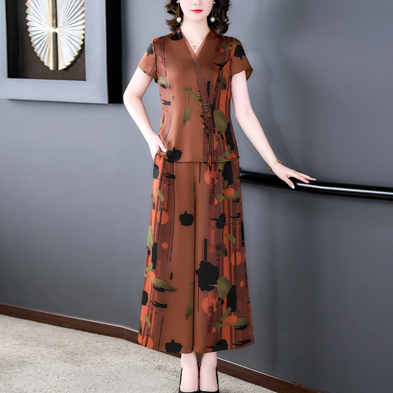 

Комплект из двух предметов, шелковая атласная рубашка с коротким рукавом и длинные брюки с принтом в китайском ретро-стиле, свободный комплект из двух предметов, 2023