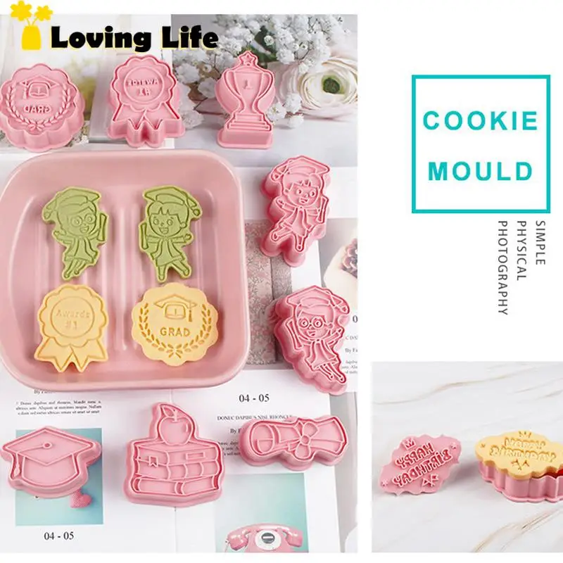 8Pcs/set Congrats Graduation Cookie Cutter Biscuit Mold 3D Press Plastic Cookie Mold Fondant Baking Supplies Decoration cookie cutter baking mold cookie mould fondant cutter