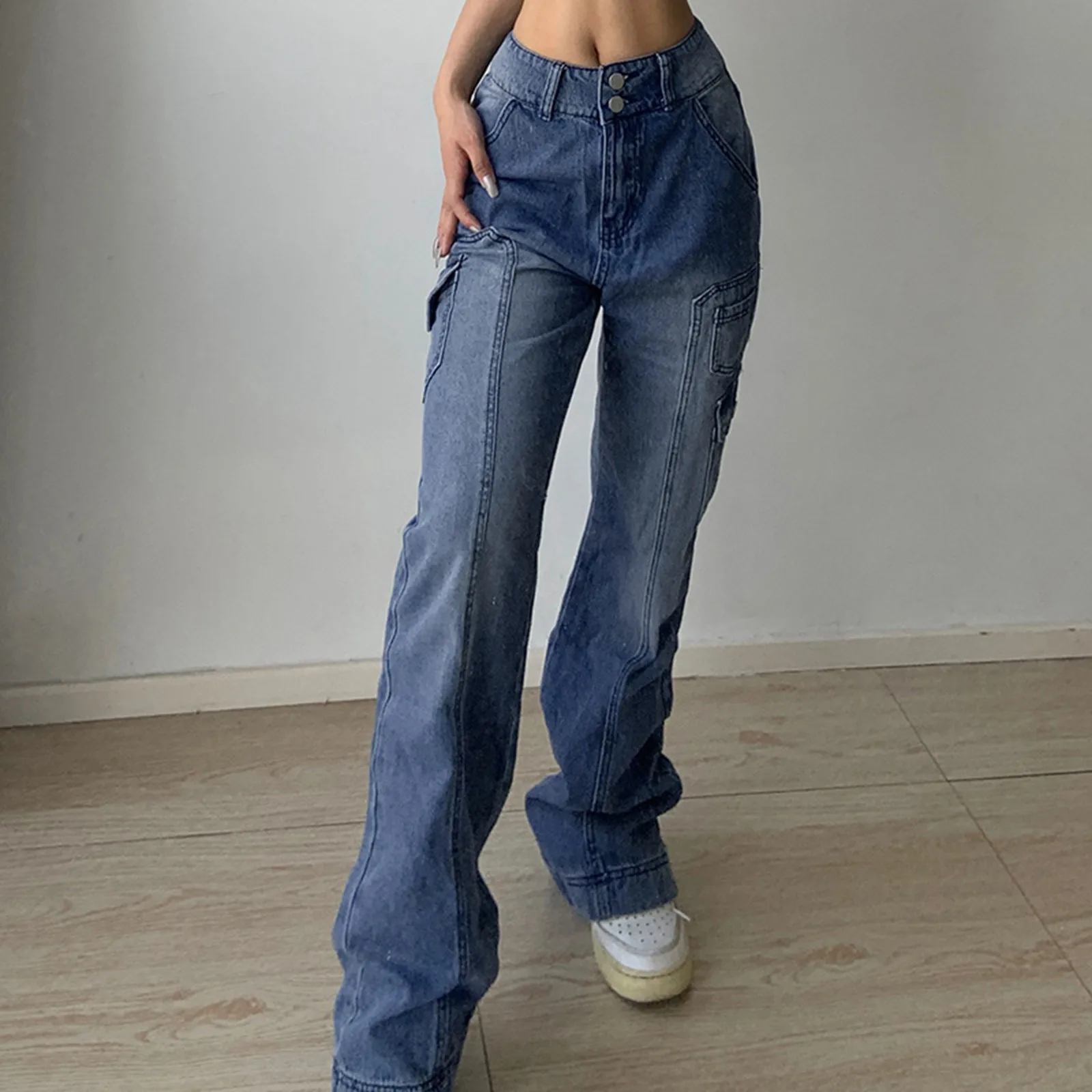 

Jeans Women Vintage 90s High Waisted Straight Leg Casual Denim Trousers Pockets Casual Long Pants Clothing Female Streetwear