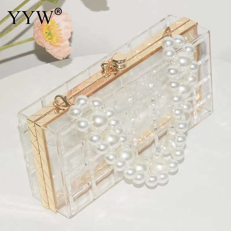 Fashion Acrylic Clutch Bag Evening Bag For Elegant Women Pearl Beads Decor Lock Chain Shoulder Bag Purses Transparent Clutch Bag