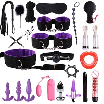 Sexy Lingerie leather BDSM Sex Bondage Set Handcuffs Footcuff Whip plug Rope Mini Vibrator Sex Toys For Couples 4