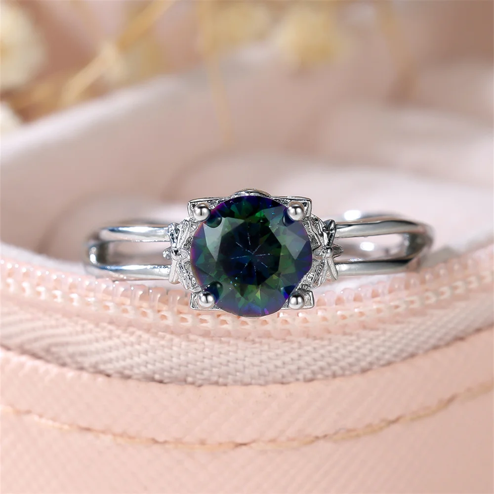 Rainbow Crystal Round Stone Rings For Women Classic Silver Color Multicolor Birthstone Wedding Band Jewelry Mother's Day Gift