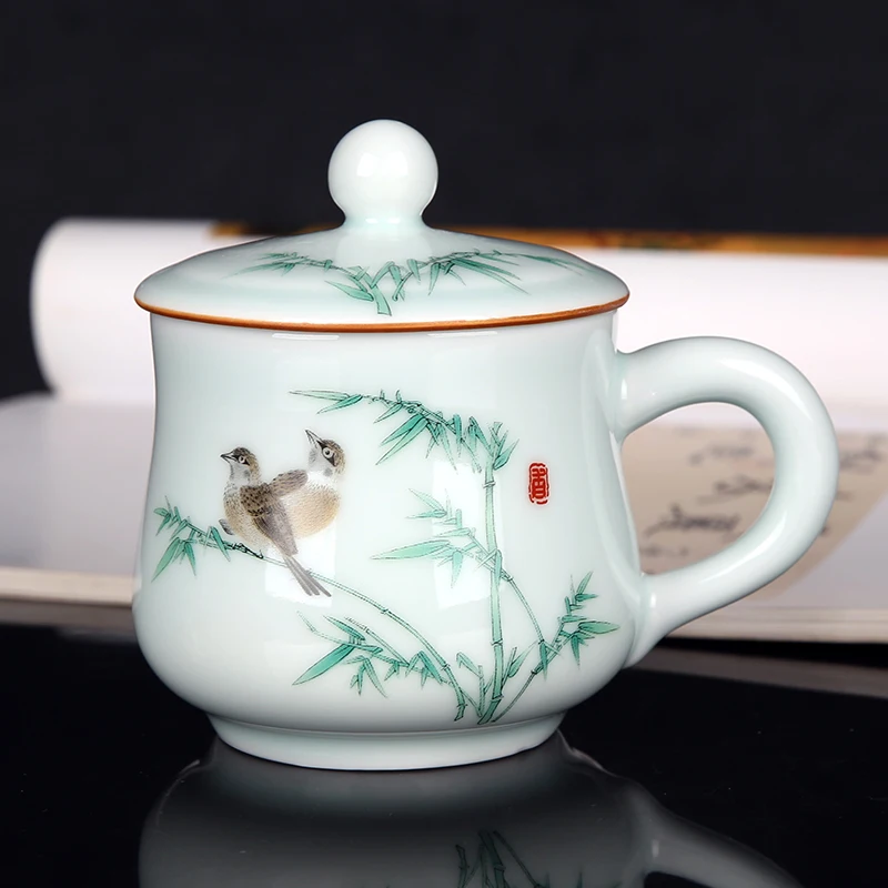 Chinese Style Pattern With Cover Ceramic Personal Tea Mug Creative Household tea service items Milk Water Coffee Cup, 300ml, 1Pc