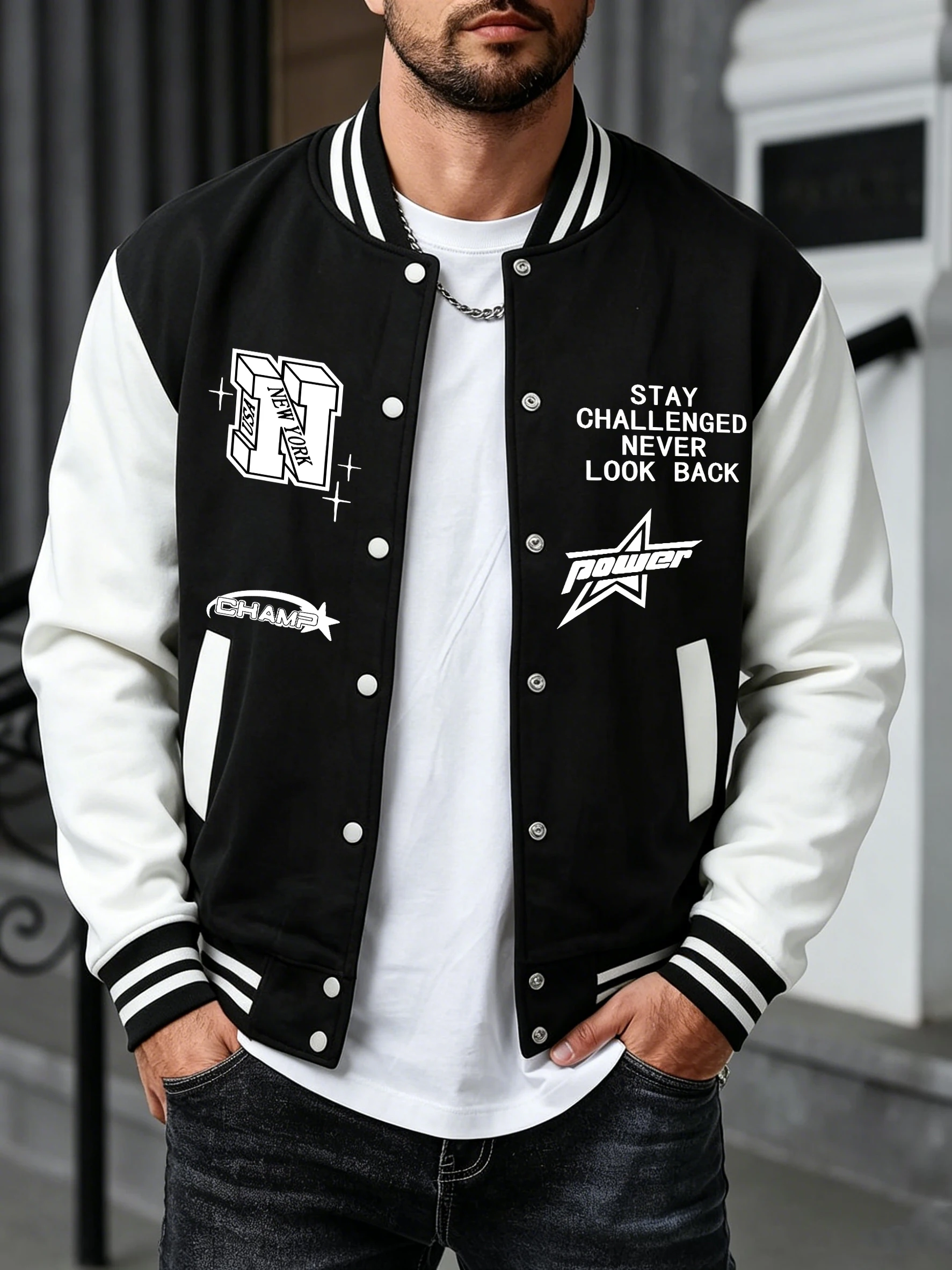 Stay Challenged Never Look Back Pattern Abbigliamento da uomo Autunno Inverno Maglia da baseball Moda Abbigliamento da strada Giacche sportive calde