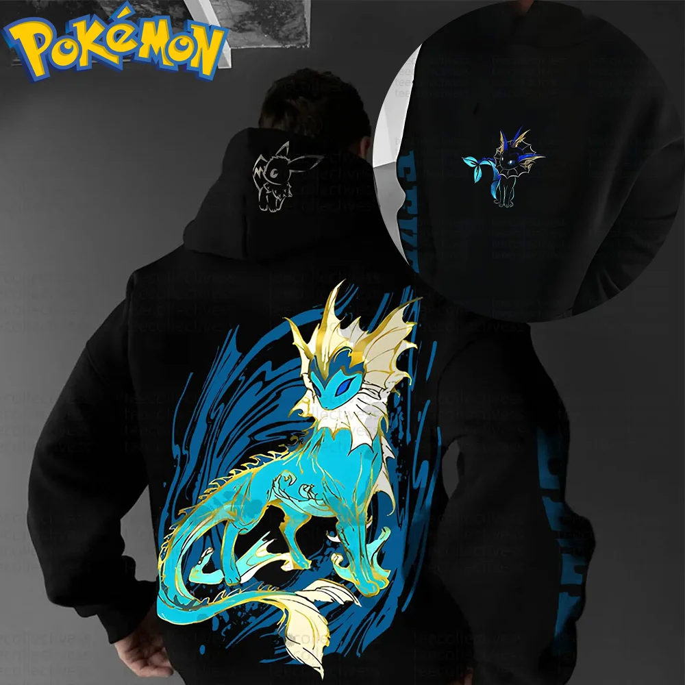 Pokemon Anime Vaporeon Cotton Hoodie Harajuku Pants Set Black Character Print with Blue Yellow Water Splash Effect Pattern