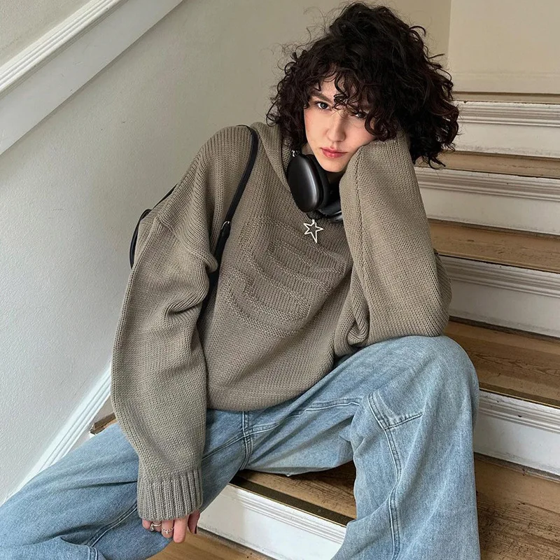 

Женский трикотажный свитер с капюшоном, винтажный Свитер оверсайз с длинным рукавом, с принтом, Y2k, 2023