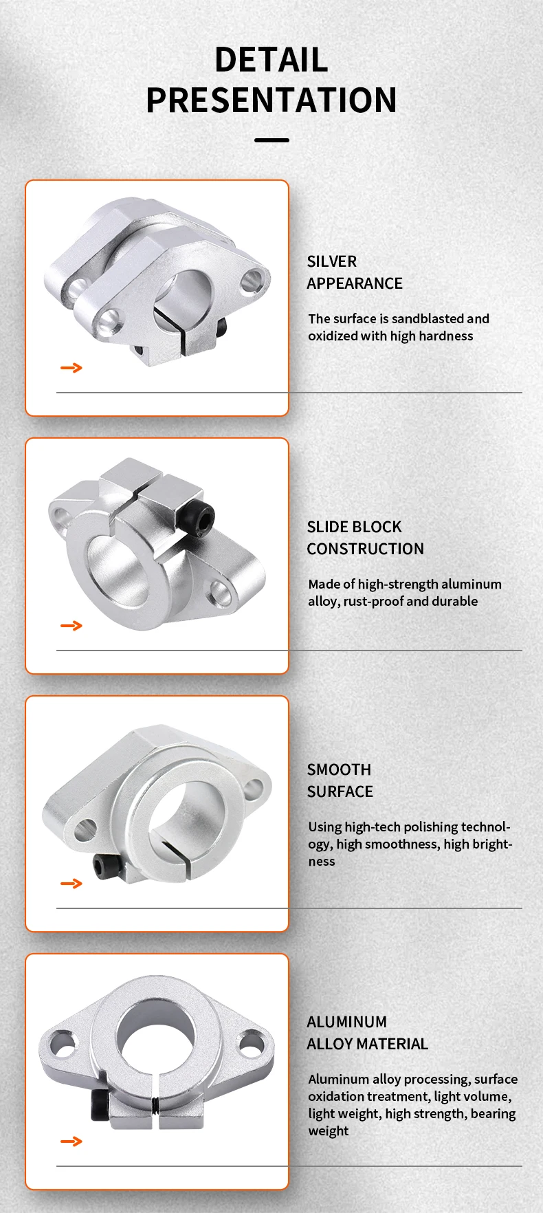 Hochpräziser 2-teiliger optischer Achsenwellenlagerstahl, Durchmesser 8/10 mm, Länge 100–1500 mm + 2 Stück SCS8/10UU/LUU-Block + 4 Stück SHF8/SK10 – Detail 9