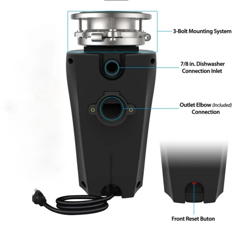 Eco Logic 1/2 HP Garbage Disposal with Attached Power Cord 10-US-EL-5-3B 2