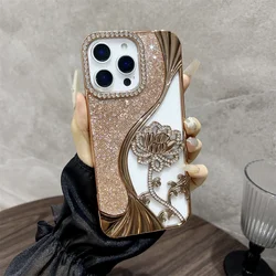 Luxury Full Screen Glitter Rhinestone Floral Phone Case with Bling Frame Armor and Clear Cover - iPhone 15 (Gold)