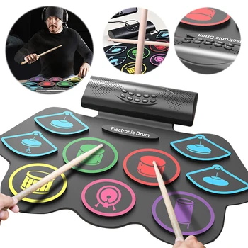 Electronic Drum Set With Drum Sticks And Pedals Bluetooth 9 Pad Digital Drum USB Foldable Silicon Drums Sets For Kids and Adults 2