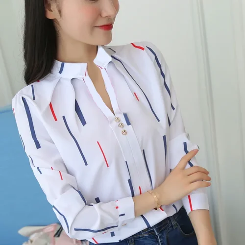 JFUNCY 여성용 긴팔 블라우스, 오피스 레이디 OL 작업 셔츠, 캐주얼 화이트 스트라이프 프린트, 여성 슬림 셔츠 3