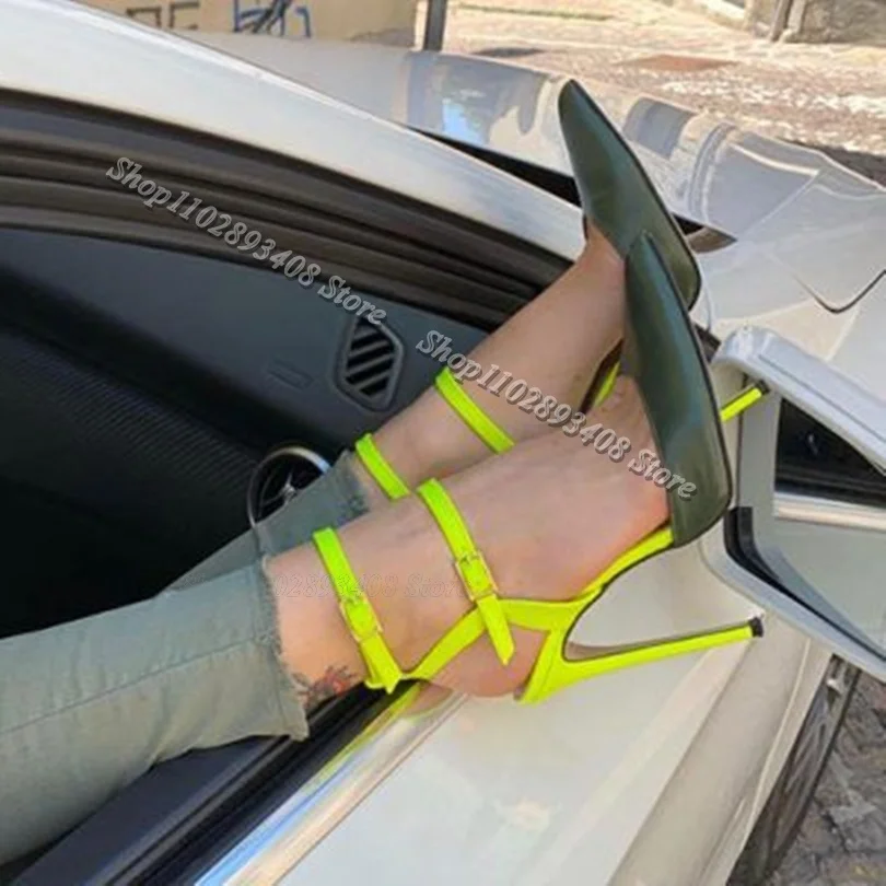 

Green Slingback Ankle Buckle Sandals Stiletto Pointed Toe Summer British Style for Party Women Shoes 2024 Zapatos Para Mujere