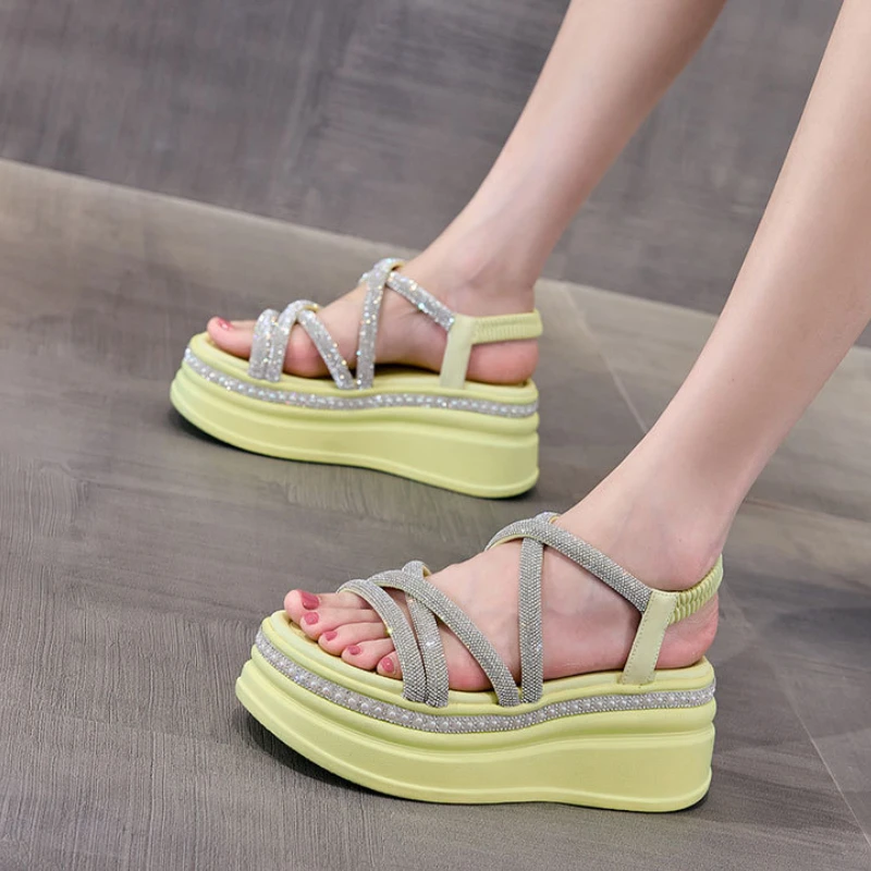 7cm Synthetic Rhinestone Slippers Luxury  Elegance Women Bling Leisure Fashion Summer Sandals Platform Wedge Flats Shoes