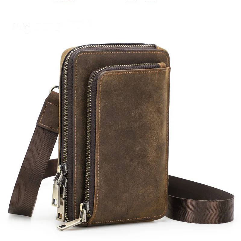 New Men's Mobile Phone Baotou Layer Genuine Leather Handbags Woman's Fashion Casuals Small Single Shoulder Crossbody Bags Female