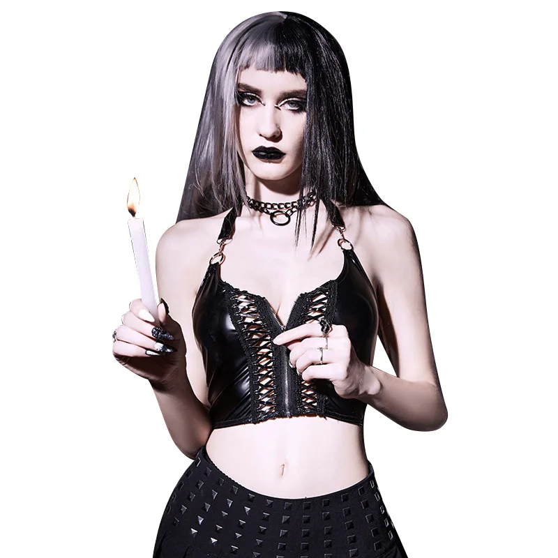 Goth Hollow Out Mall Gothic Crop Halter Tops Grunge Faux Pu Zip Up Sexy Women Camis Backless Y2k Punk Skinny Black Clothes